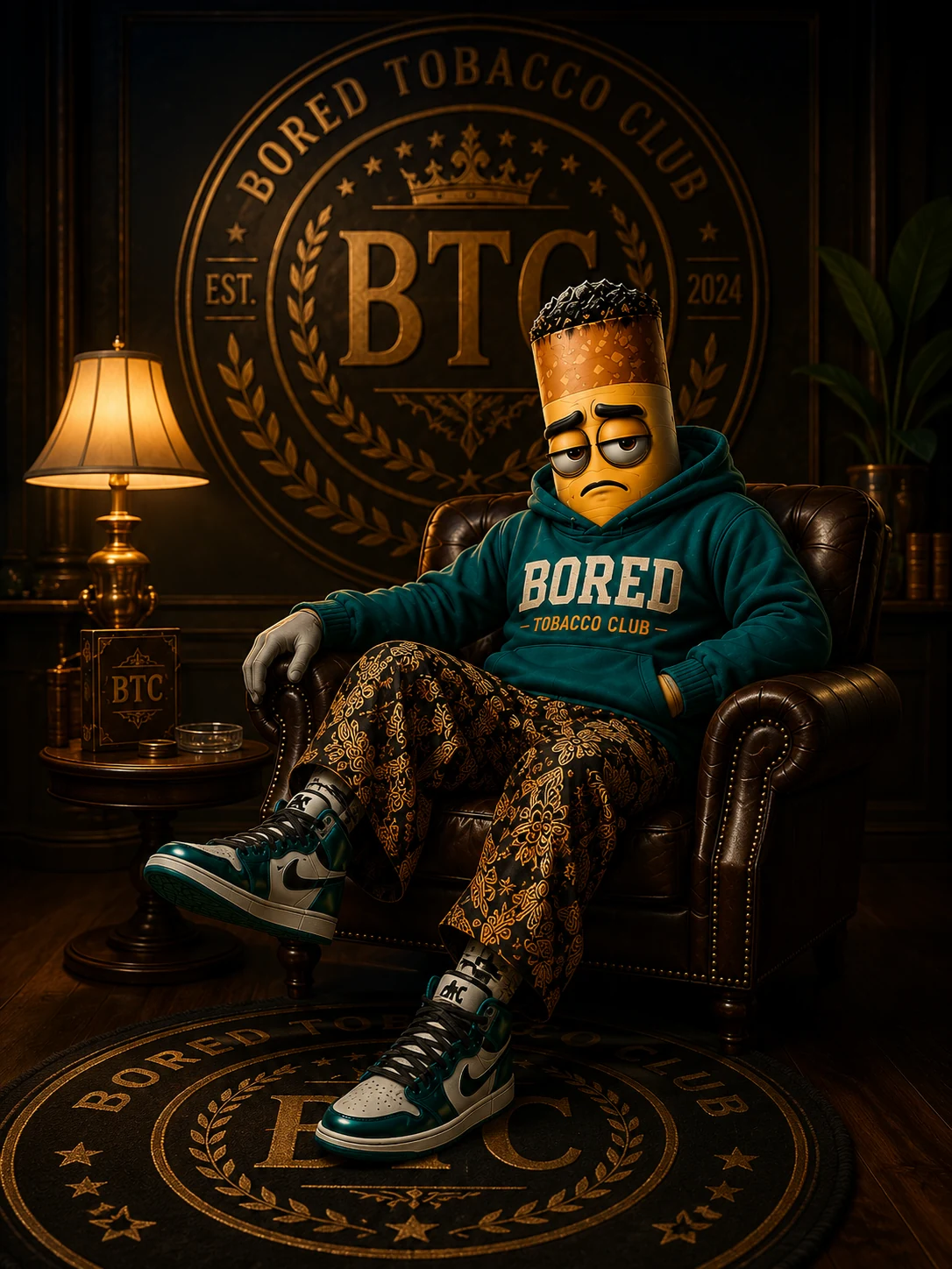 Bored Tobacco Club mascot β cigarette character in BORED hoodie sitting in a leather armchair
